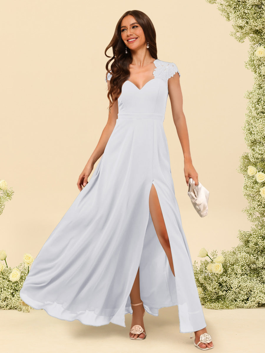 A Line Princess V Neck Floor Length Bridesmaid Dresses With Split Side