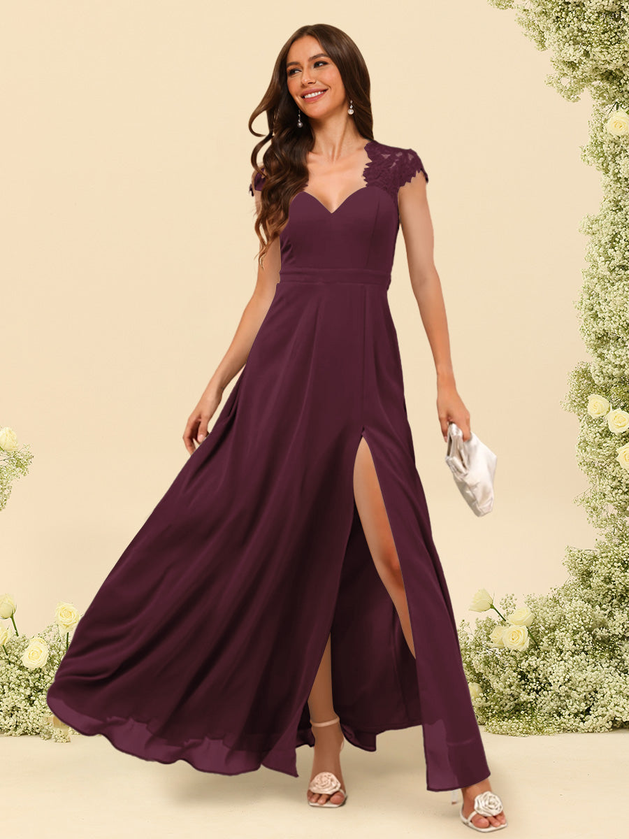 A Line Princess V Neck Floor Length Bridesmaid Dresses With Split Side