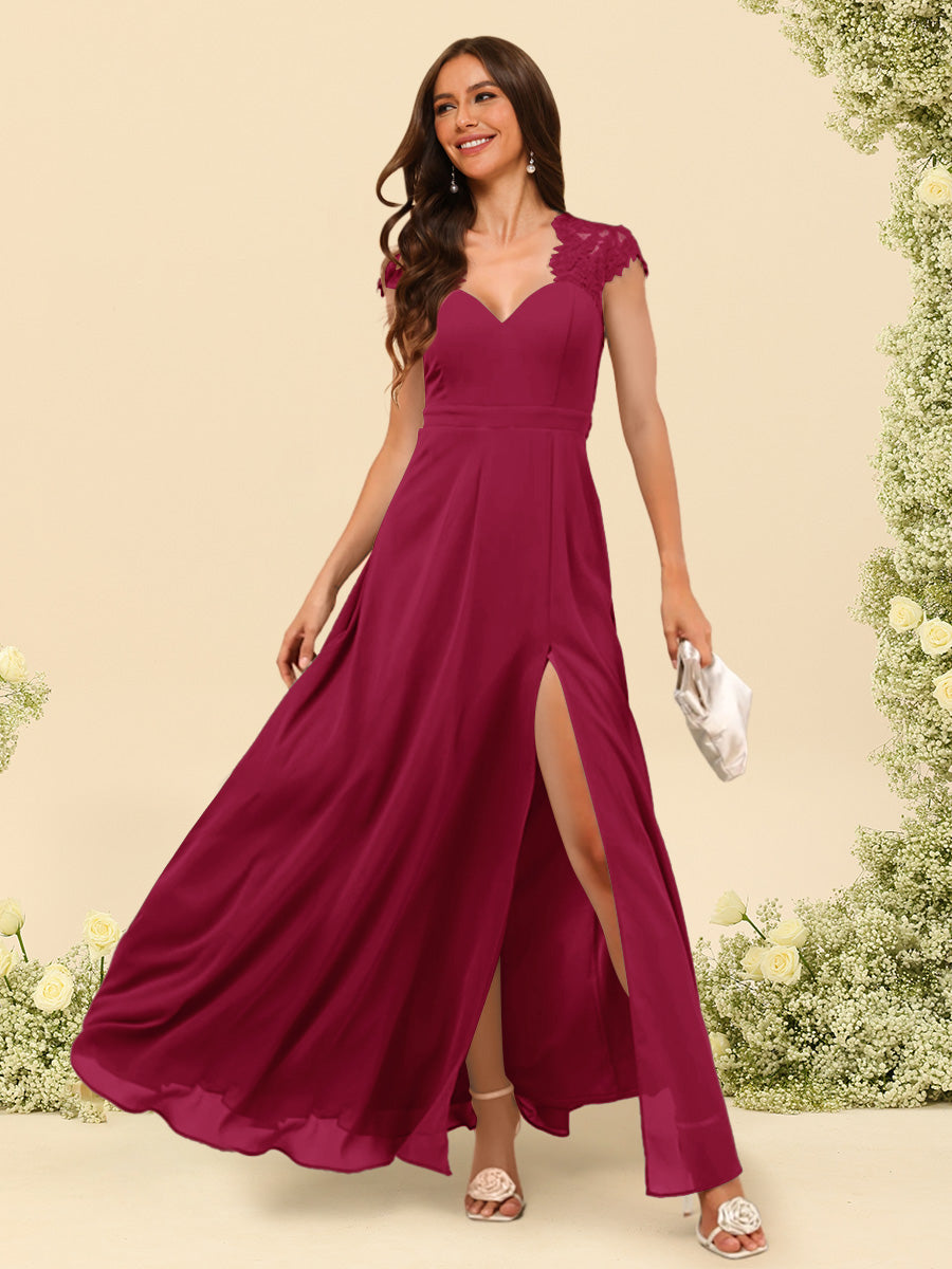 A Line Princess V Neck Floor Length Bridesmaid Dresses With Split Side