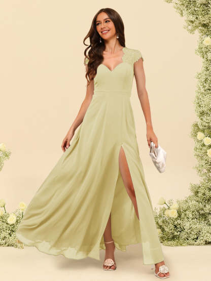 A Line Princess V Neck Floor Length Bridesmaid Dresses With Split Side