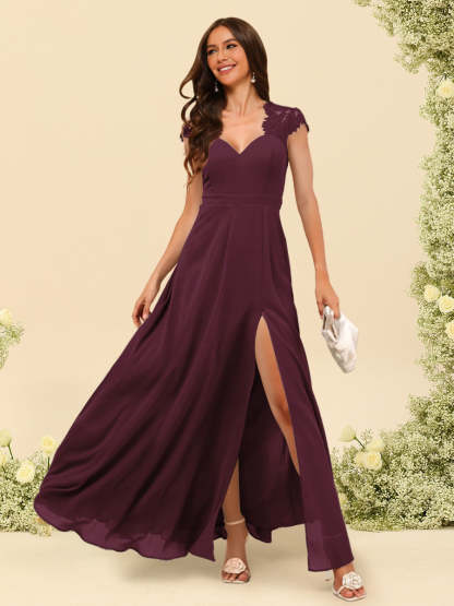 A Line Princess V Neck Floor Length Bridesmaid Dresses With Split Side