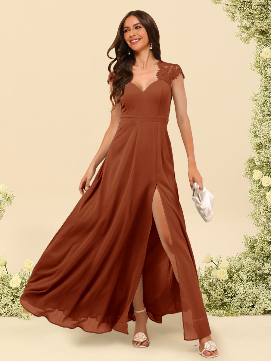 A Line Princess V Neck Floor Length Bridesmaid Dresses With Split Side