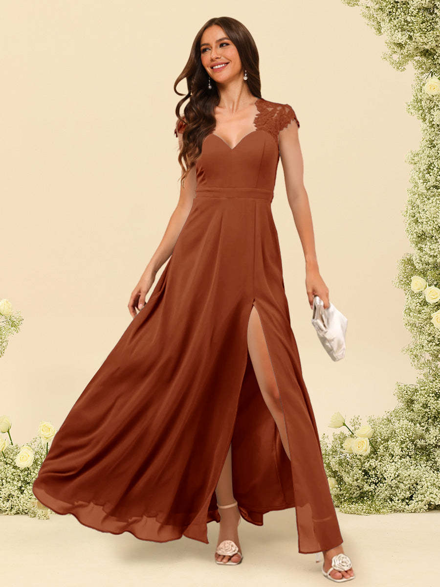 A Line Princess V Neck Floor Length Bridesmaid Dresses With Split Side