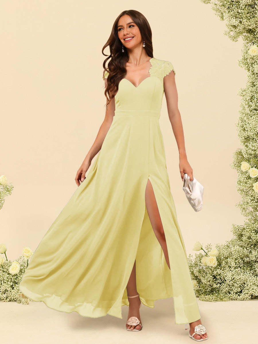 A Line Princess V Neck Floor Length Bridesmaid Dresses With Split Side
