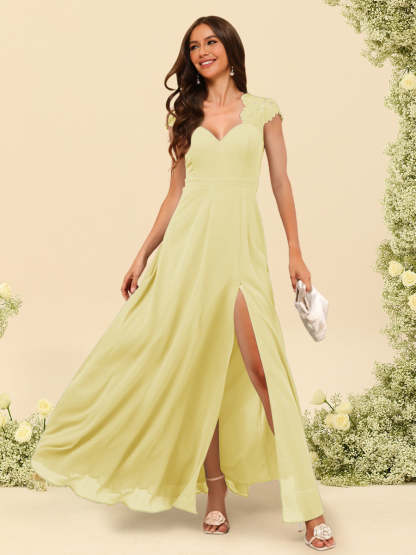 A Line Princess V Neck Floor Length Bridesmaid Dresses With Split Side