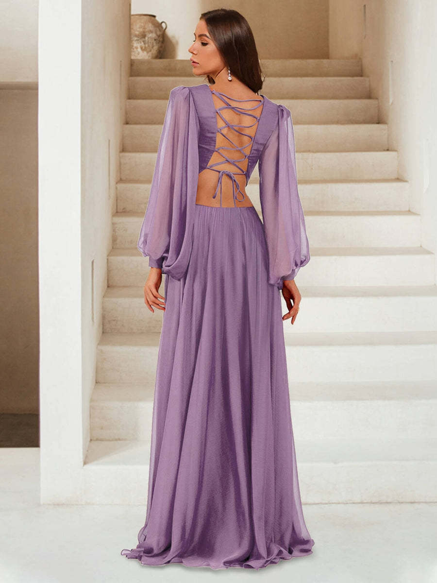 A Line Princess V Neck Floor Length Chiffon Ruched Bridesmaid Dresses with Split Side