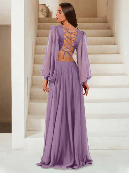 A Line Princess V Neck Floor Length Chiffon Ruched Bridesmaid Dresses with Split Side