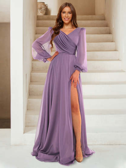 A Line Princess V Neck Floor Length Chiffon Ruched Bridesmaid Dresses with Split Side