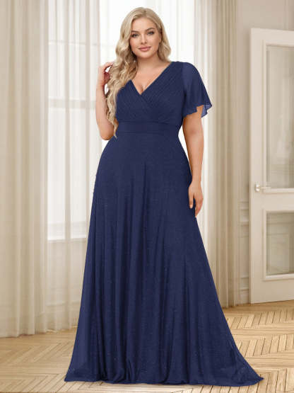 A Line Princess V Neck Floor Length Ruffles Plus Size Bridesmaid Dresses
