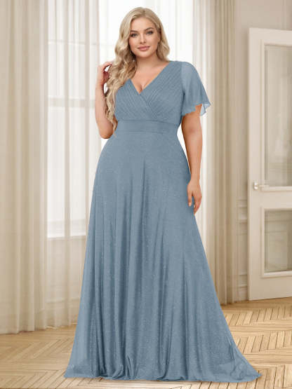 A Line Princess V Neck Floor Length Ruffles Plus Size Bridesmaid Dresses