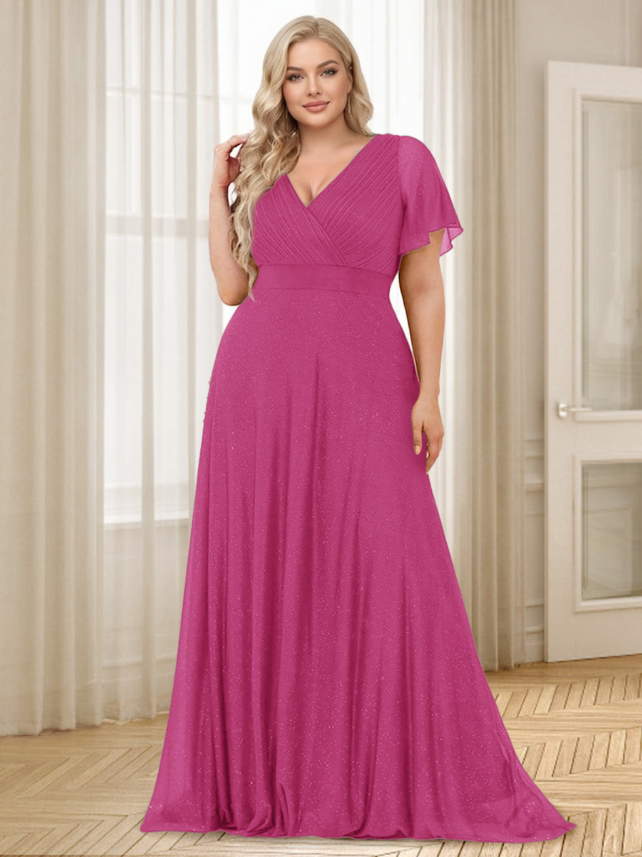 A Line Princess V Neck Floor Length Ruffles Plus Size Bridesmaid Dresses