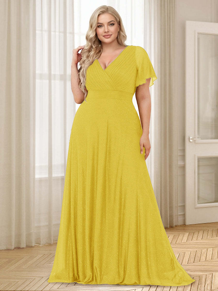 A Line Princess V Neck Floor Length Ruffles Plus Size Bridesmaid Dresses