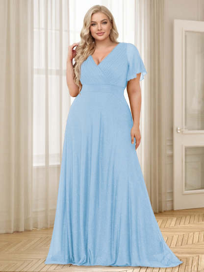 A Line Princess V Neck Floor Length Ruffles Plus Size Bridesmaid Dresses