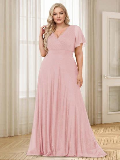 A Line Princess V Neck Floor Length Ruffles Plus Size Bridesmaid Dresses