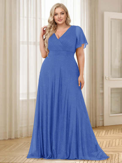 A Line Princess V Neck Floor Length Ruffles Plus Size Bridesmaid Dresses