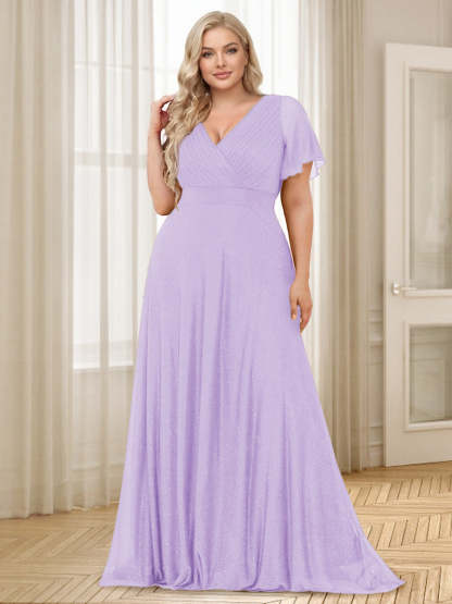 A Line Princess V Neck Floor Length Ruffles Plus Size Bridesmaid Dresses
