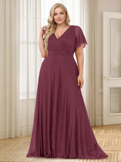 A Line Princess V Neck Floor Length Ruffles Plus Size Bridesmaid Dresses