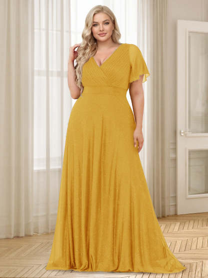 A Line Princess V Neck Floor Length Ruffles Plus Size Bridesmaid Dresses