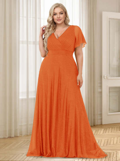 A Line Princess V Neck Floor Length Ruffles Plus Size Bridesmaid Dresses