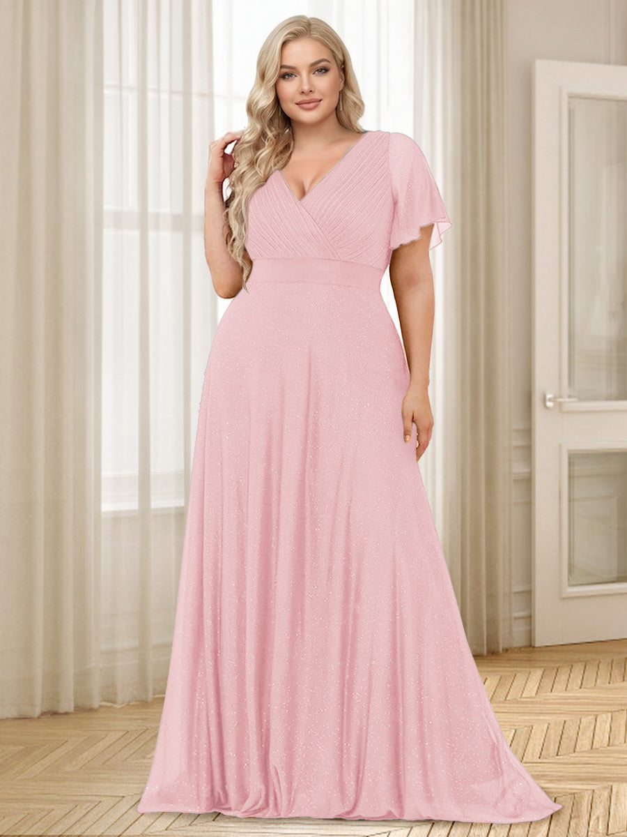 A Line Princess V Neck Floor Length Ruffles Plus Size Bridesmaid Dresses