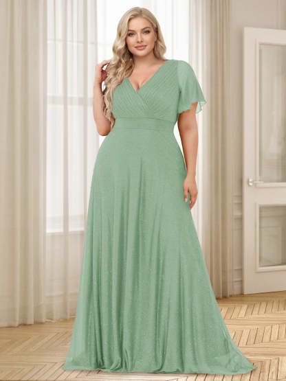 A Line Princess V Neck Floor Length Ruffles Plus Size Bridesmaid Dresses