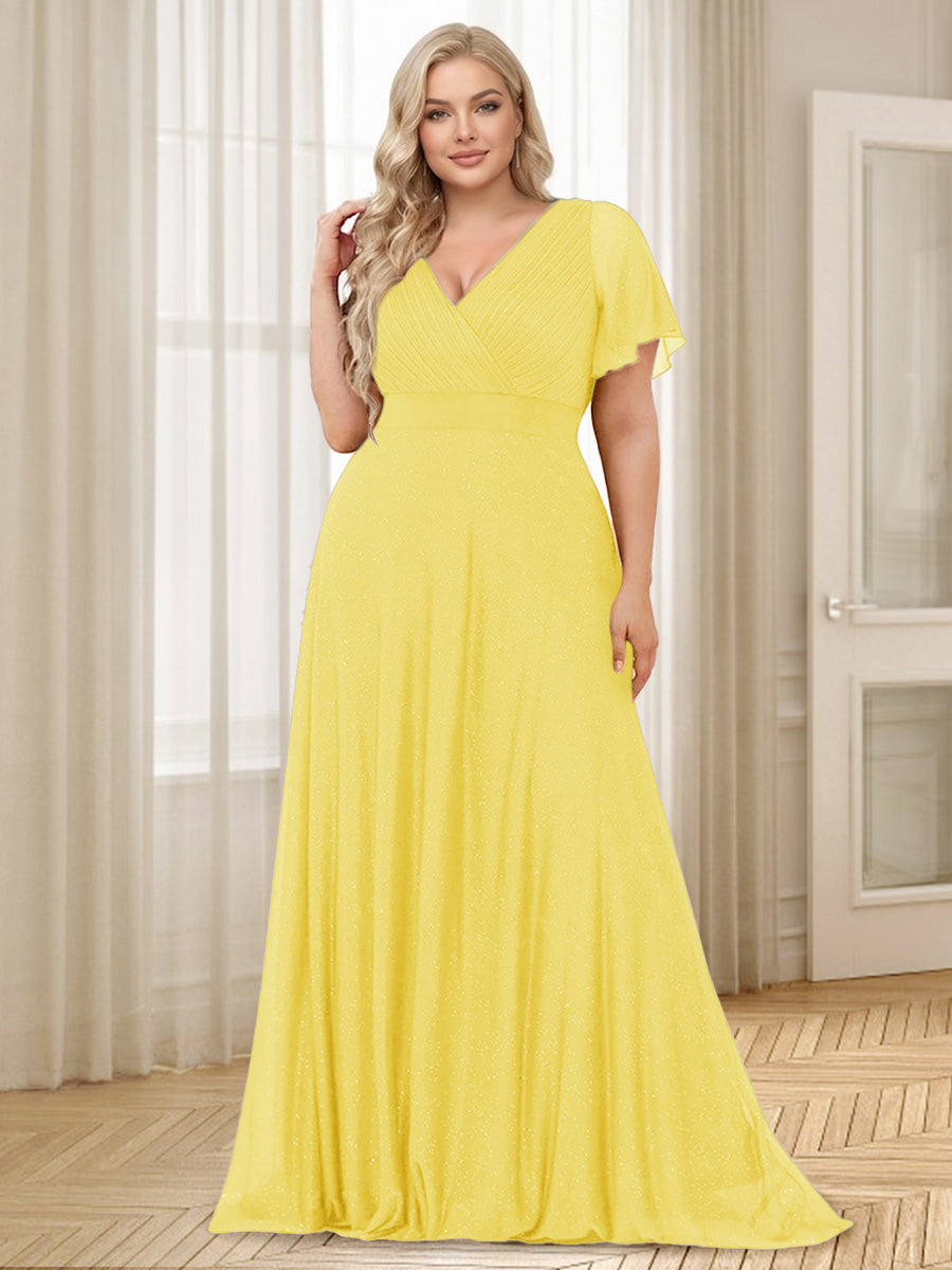 A Line Princess V Neck Floor Length Ruffles Plus Size Bridesmaid Dresses
