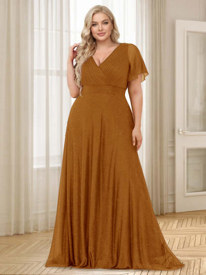 A Line Princess V Neck Floor Length Ruffles Plus Size Bridesmaid Dresses