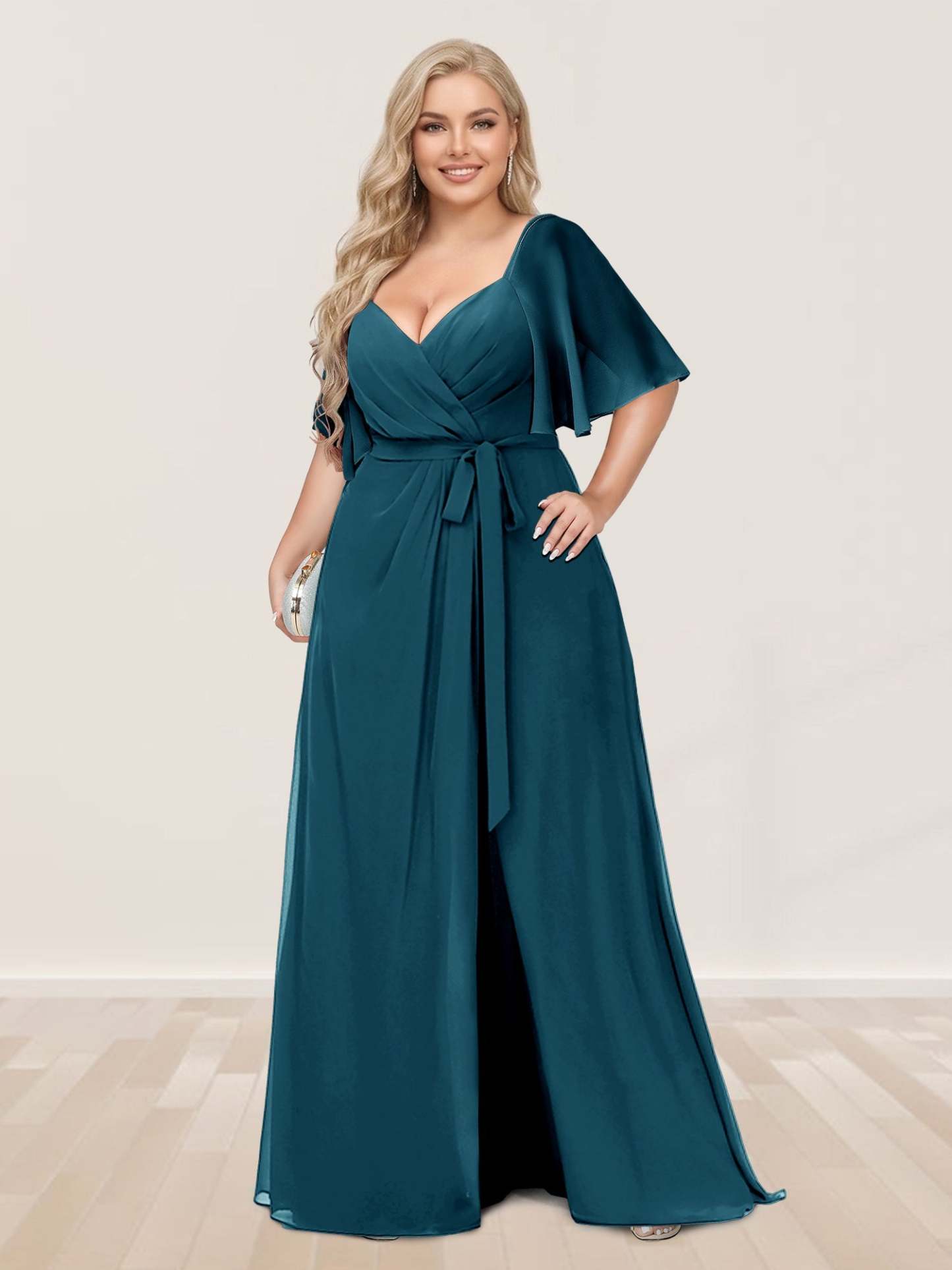 A Line Princess V Neck Half Sleeves Plus Size Bridesmaid Dresses with Split Side