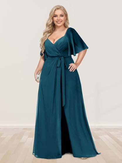 A Line Princess V Neck Half Sleeves Plus Size Bridesmaid Dresses with Split Side