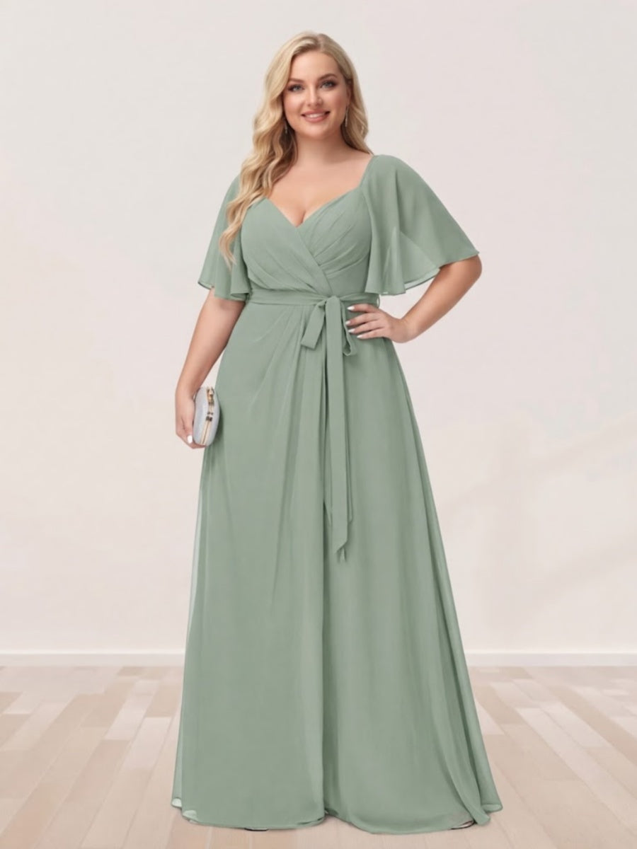 A Line Princess V Neck Half Sleeves Plus Size Bridesmaid Dresses with Split Side