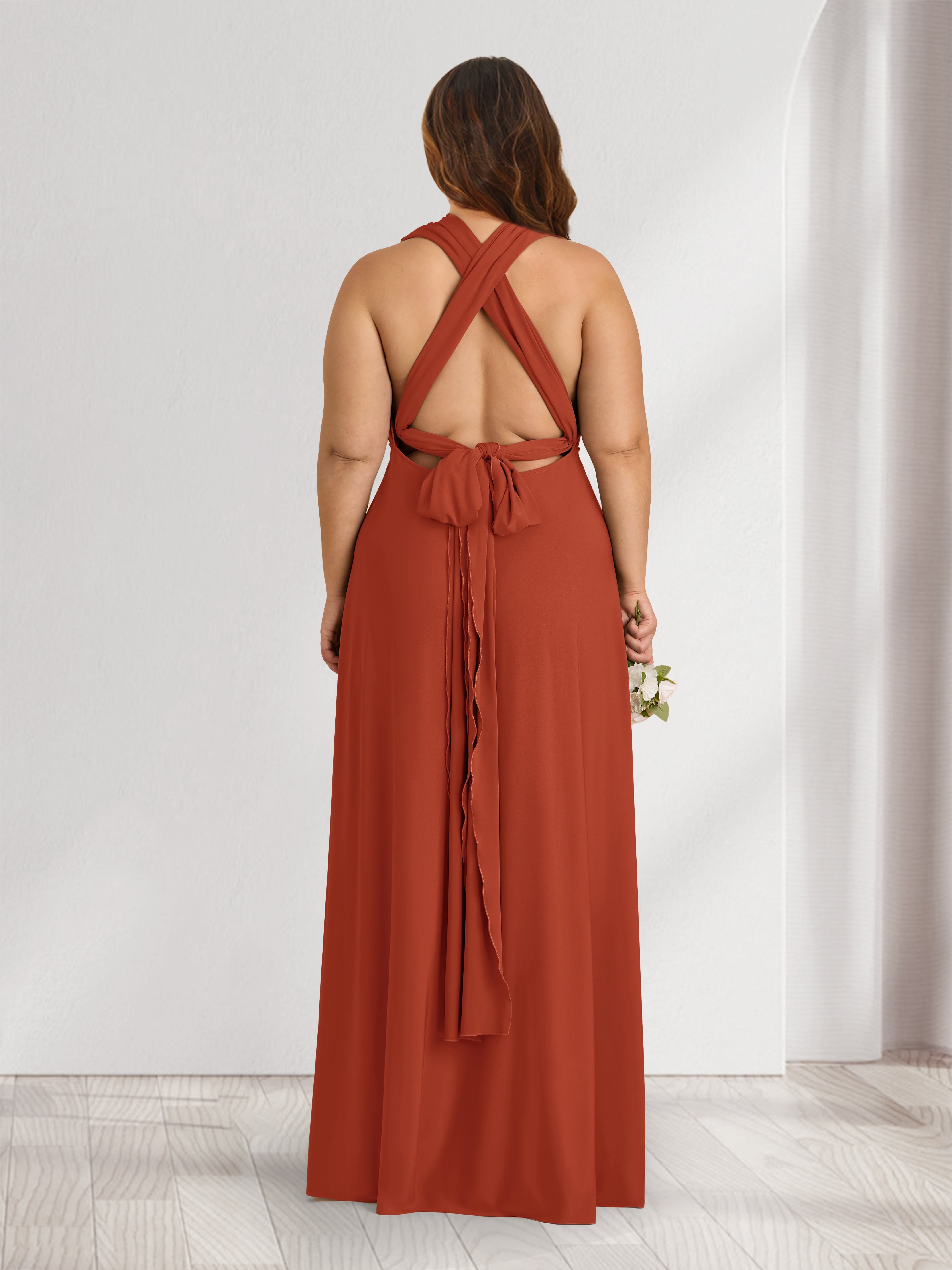 A Line Princess V Neck Halter Plus Size Bridesmaid Dresses with Split Side