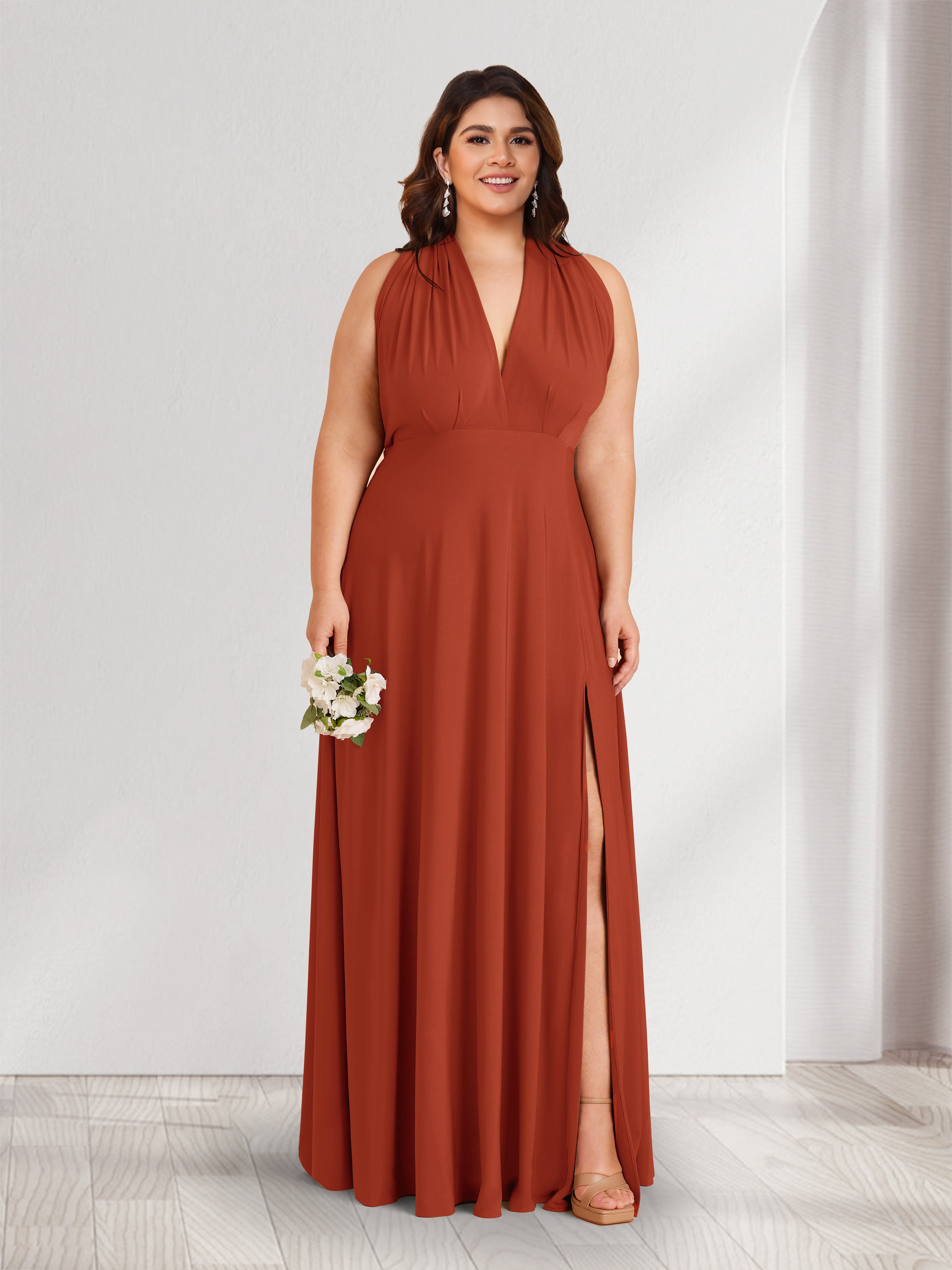 A Line Princess V Neck Halter Plus Size Bridesmaid Dresses with Split Side