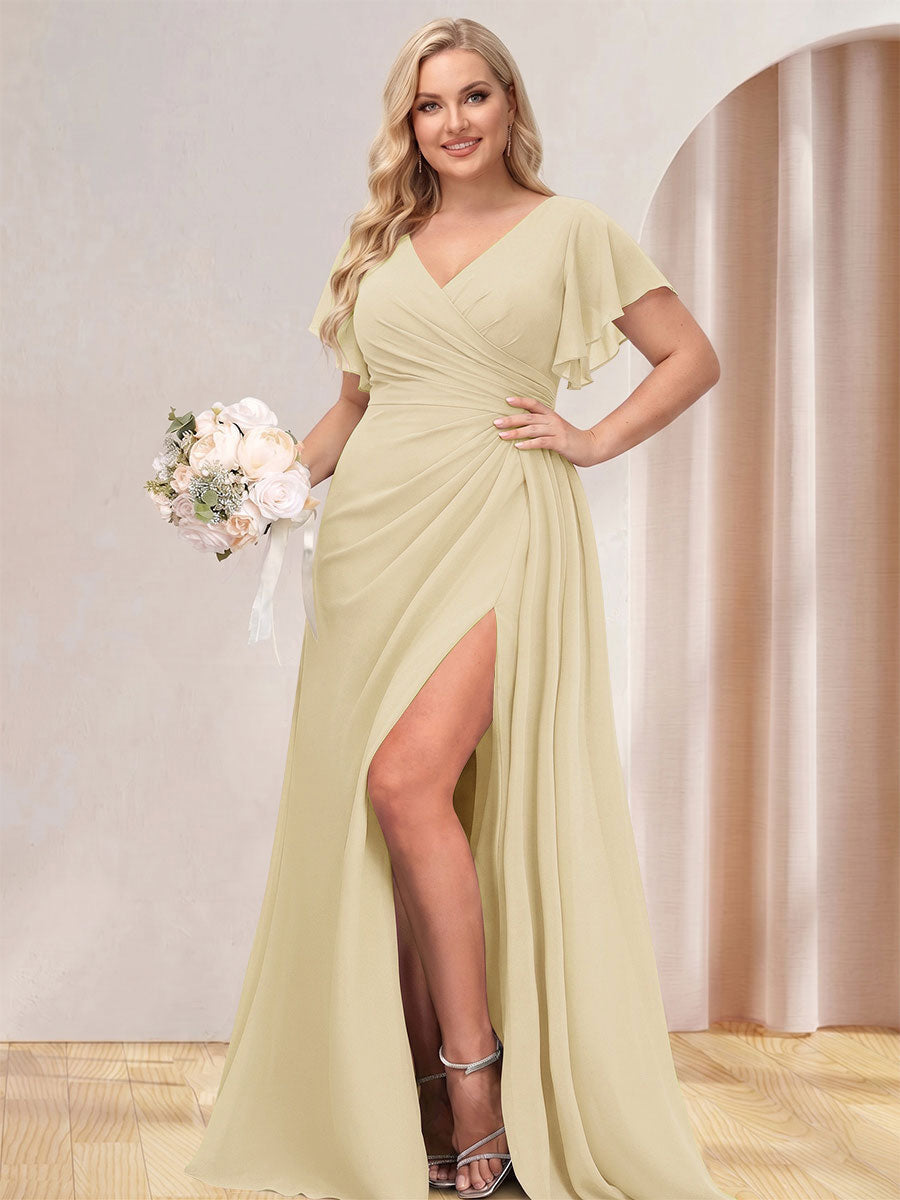 A Line Princess V Neck Long Plus Size Bridesmaid Dresses with Split Side
