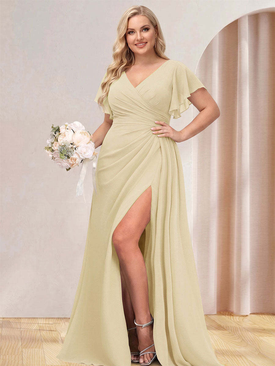 A Line Princess V Neck Long Plus Size Bridesmaid Dresses with Split Side
