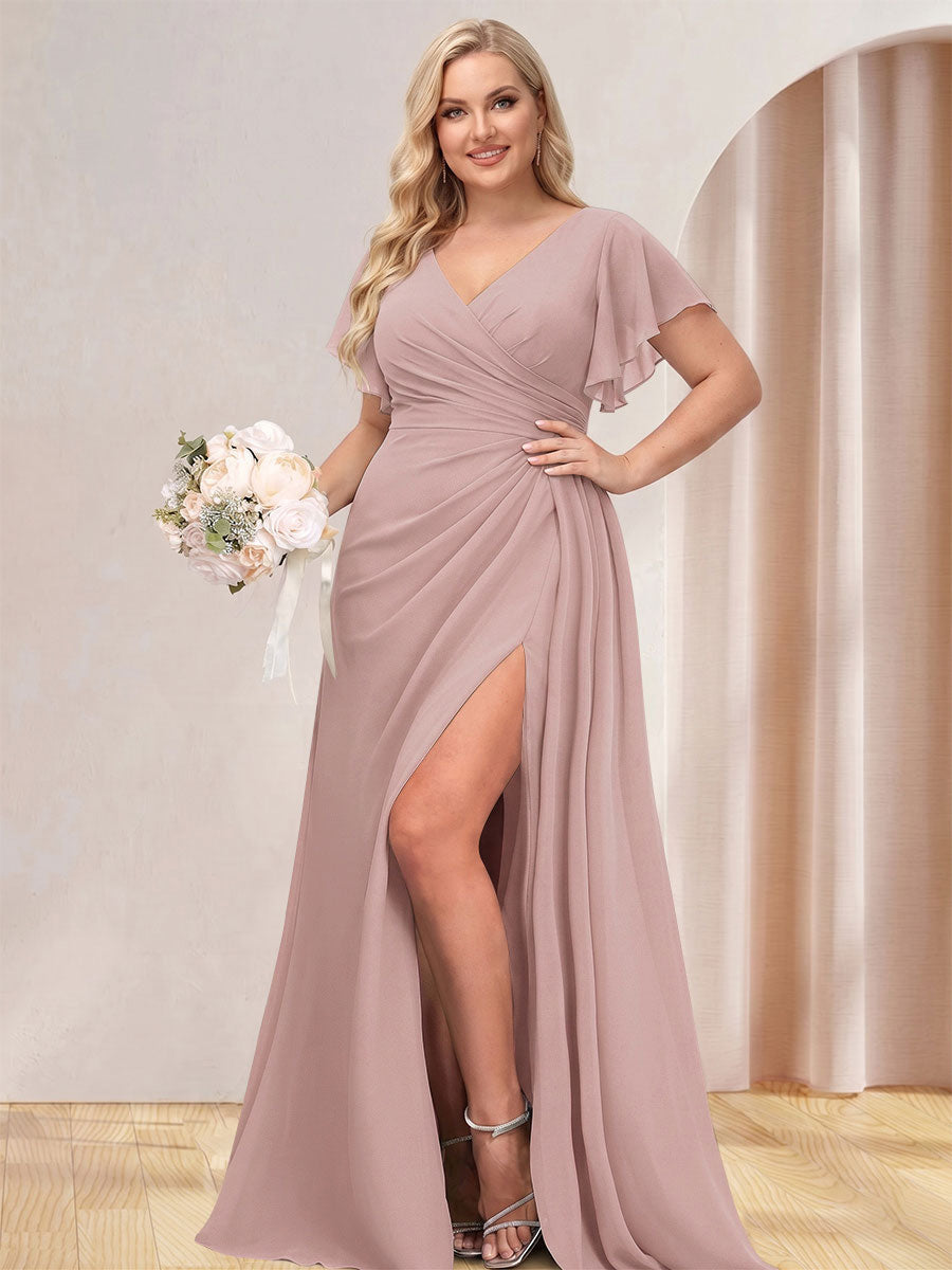 A Line Princess V Neck Long Plus Size Bridesmaid Dresses with Split Side