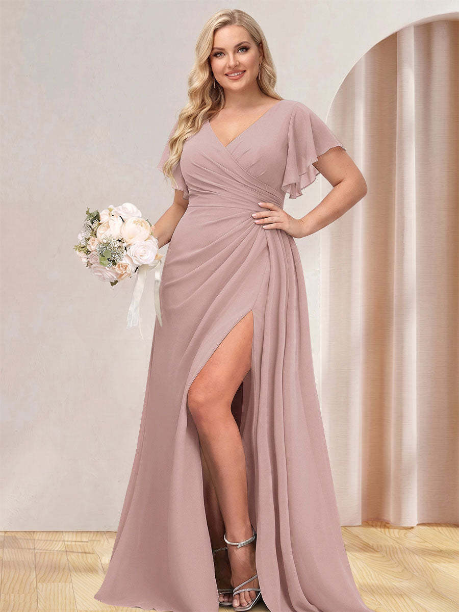 A Line Princess V Neck Long Plus Size Bridesmaid Dresses with Split Side