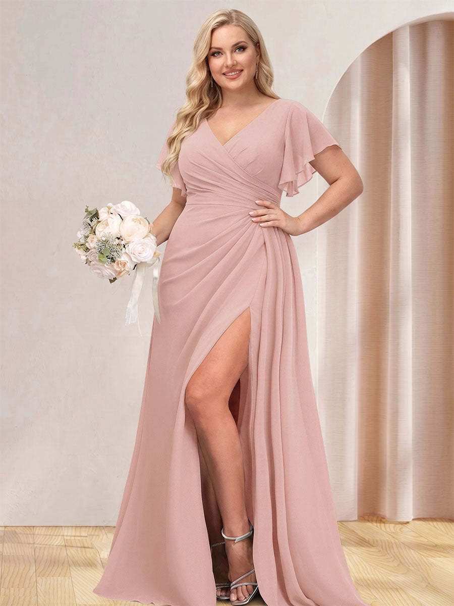 A Line Princess V Neck Long Plus Size Bridesmaid Dresses with Split Side