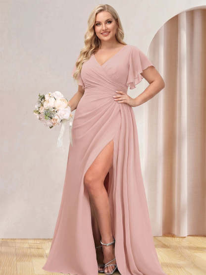 A Line Princess V Neck Long Plus Size Bridesmaid Dresses with Split Side