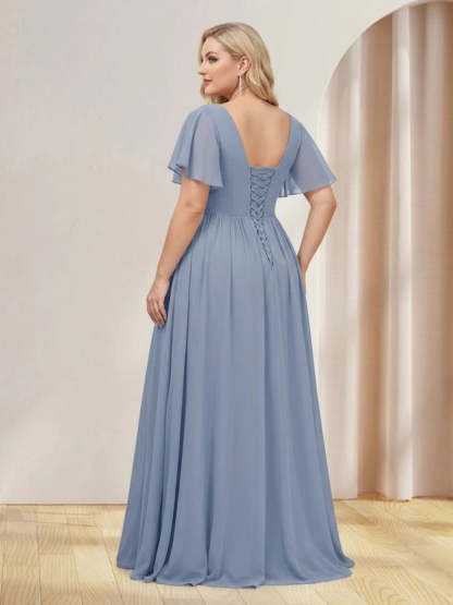 A Line Princess V Neck Long Plus Size Bridesmaid Dresses with Split Side