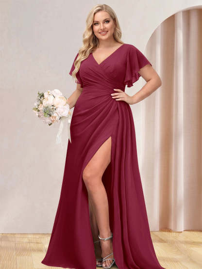 A Line Princess V Neck Long Plus Size Bridesmaid Dresses with Split Side