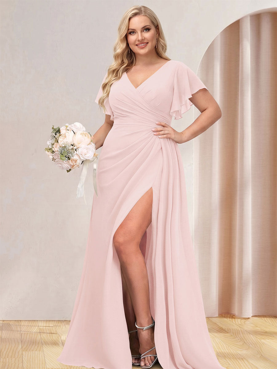 A Line Princess V Neck Long Plus Size Bridesmaid Dresses with Split Side