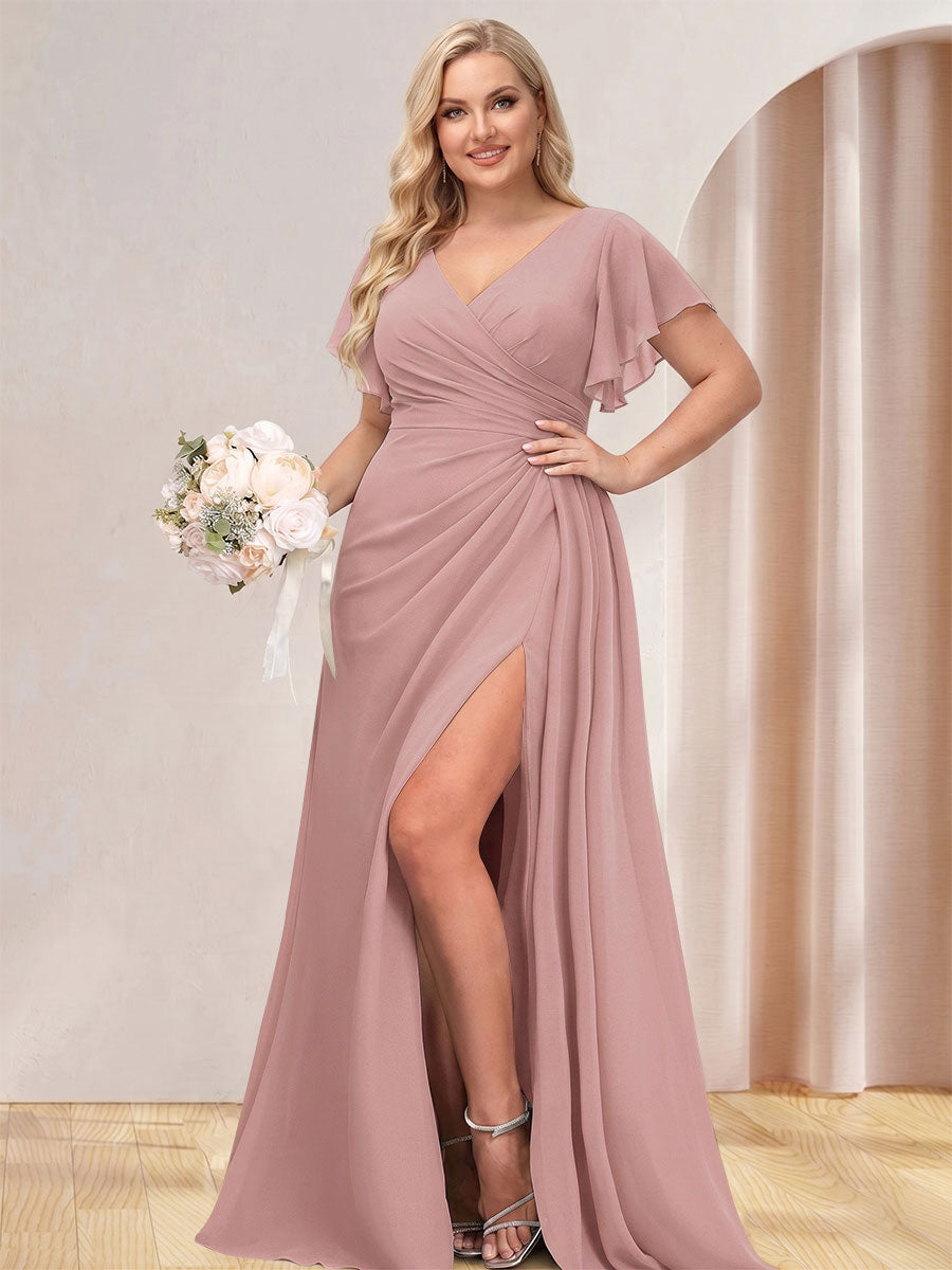 A Line Princess V Neck Long Plus Size Bridesmaid Dresses with Split Side