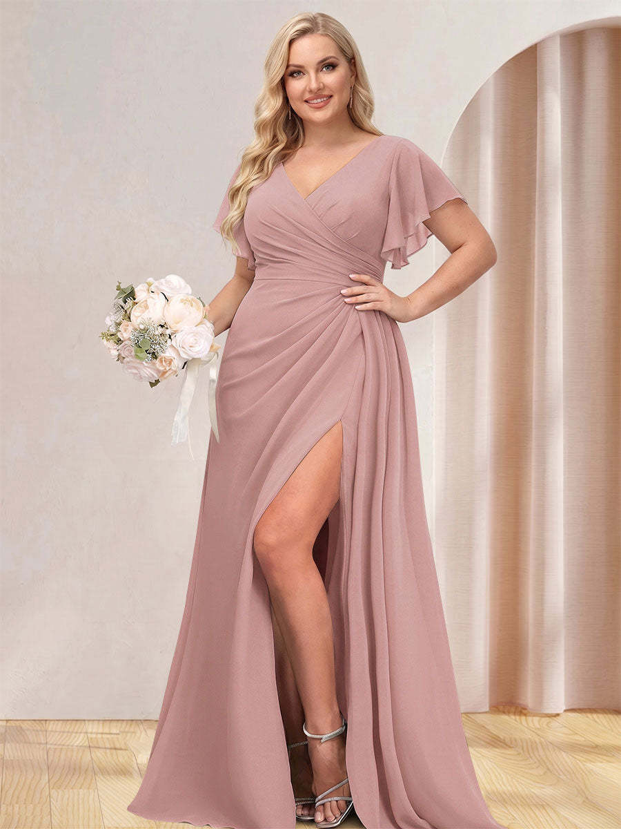 A Line Princess V Neck Long Plus Size Bridesmaid Dresses with Split Side