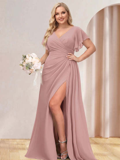 A Line Princess V Neck Long Plus Size Bridesmaid Dresses with Split Side