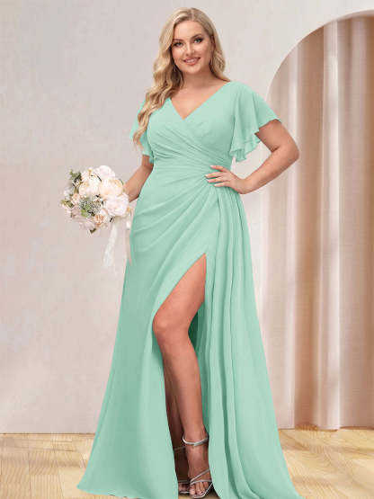 A Line Princess V Neck Long Plus Size Bridesmaid Dresses with Split Side