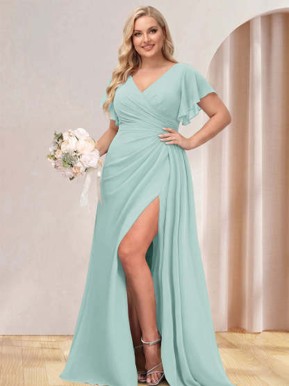 A Line Princess V Neck Long Plus Size Bridesmaid Dresses with Split Side