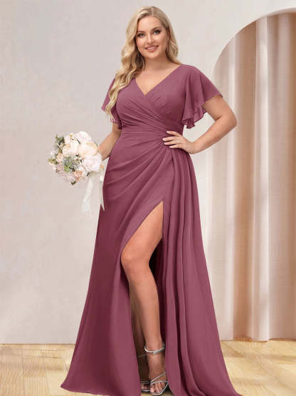 A Line Princess V Neck Long Plus Size Bridesmaid Dresses with Split Side