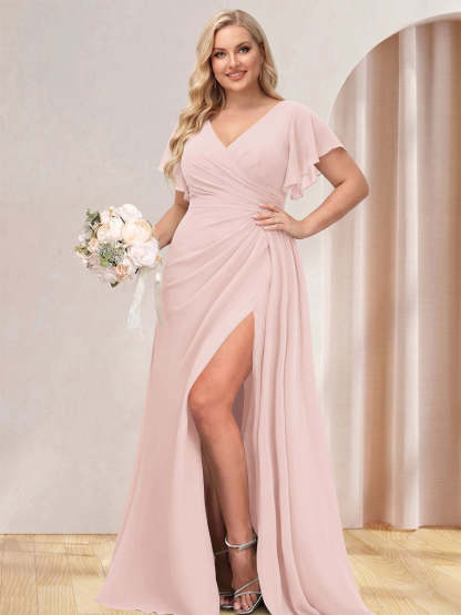 A Line Princess V Neck Long Plus Size Bridesmaid Dresses with Split Side