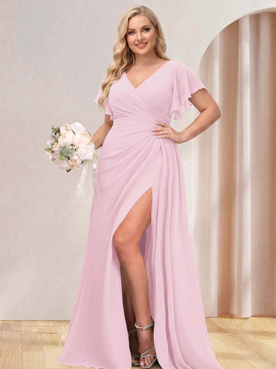 A Line Princess V Neck Long Plus Size Bridesmaid Dresses with Split Side