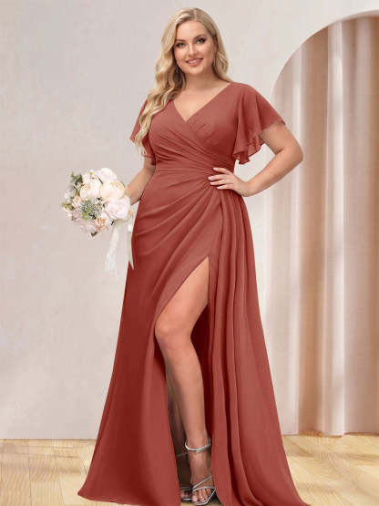 A Line Princess V Neck Long Plus Size Bridesmaid Dresses with Split Side